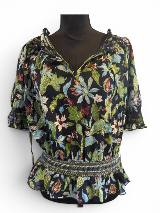 Tory Burch Tops - Tory Burch Black Floral Smocked Peasant Blouse Tropical Boho Print